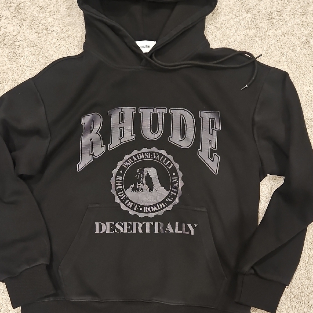 Rhude Black Logo Desert Rally Pullover Hoodie Medium - Picture 2 of 6